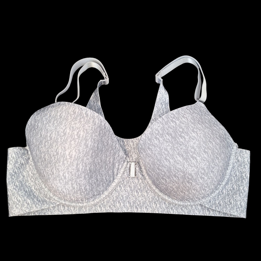 Gray Full-Coverage Bra with Molded Cups and Adjustable Straps. Front Closer